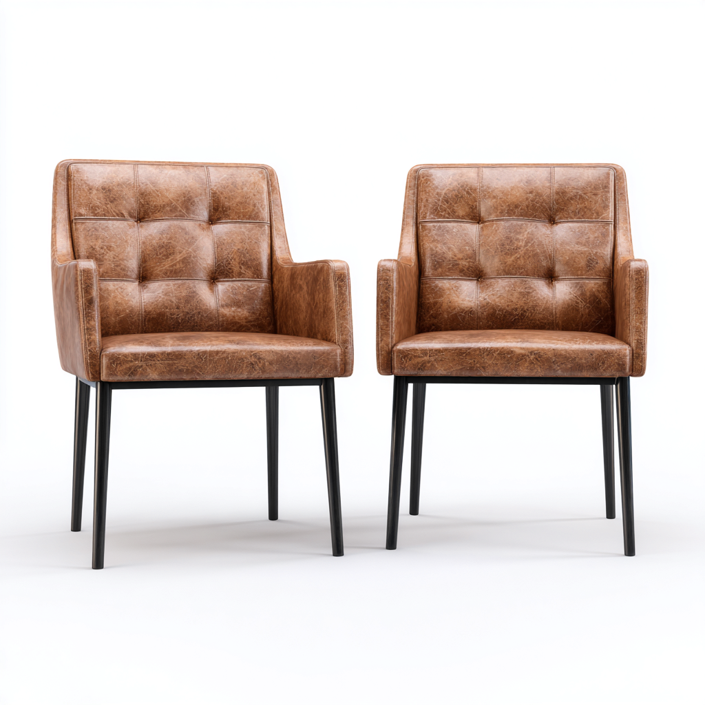 Sedia Da Pranzo In Pelle 58X60X82 Cm Marrone Con Braccioli Per Sala Da Pranzo - Design Moderno-Nichesta