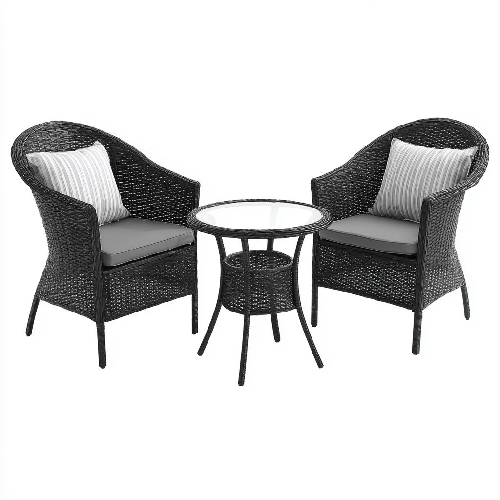 Divani Da Esterno Set 2 Poltrone E Tavolino In Rattan Sintetico 60X60X86 Cm Nero-Grigio Per Balcone E Giardino Stile Moderno-Nichesta