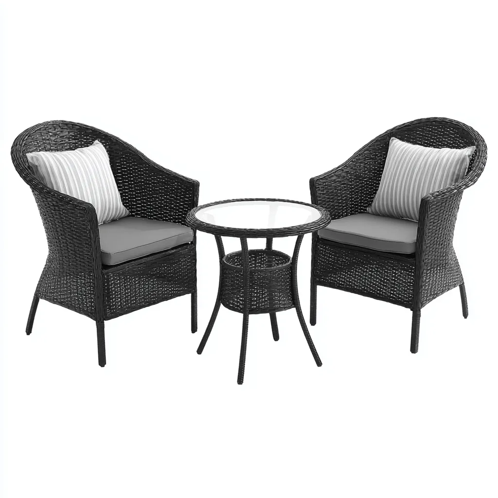 Divani Da Esterno Set 2 Poltrone E Tavolino In Rattan Sintetico 60X60X86 Cm Nero-Grigio Per Balcone E Giardino Stile Moderno-Nichesta
