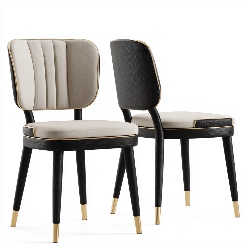 Sedia Da Pranzo Set 2 Pezzi - Similpelle E Legno Con Dettagli In Metallo - 50X52X85 Cm - Beige-Nero-Oro - Design Moderno-Nichesta