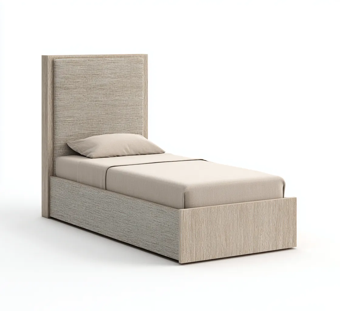 Letto Singolo In Legno-Tessuto 200X100X110 Cm - Beige - Design Contemporaneo Con Testiera Imbottita-Nichesta
