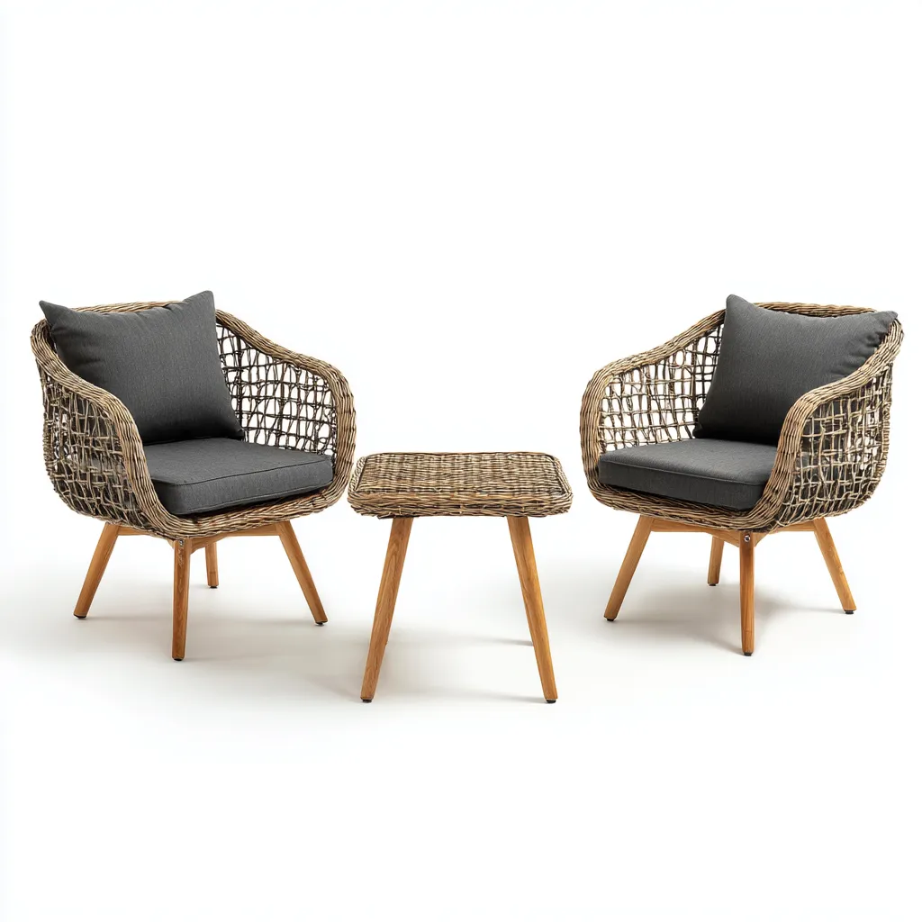 Divani Da Esterno Set 3 Pezzi Con 2 Poltrone E Tavolino In Rattan Sintetico E Gambe In Legno 70X68X85 Cm Naturale-Grigio Per Balcone E Giardino Stile Moderno Naturale-Nichesta