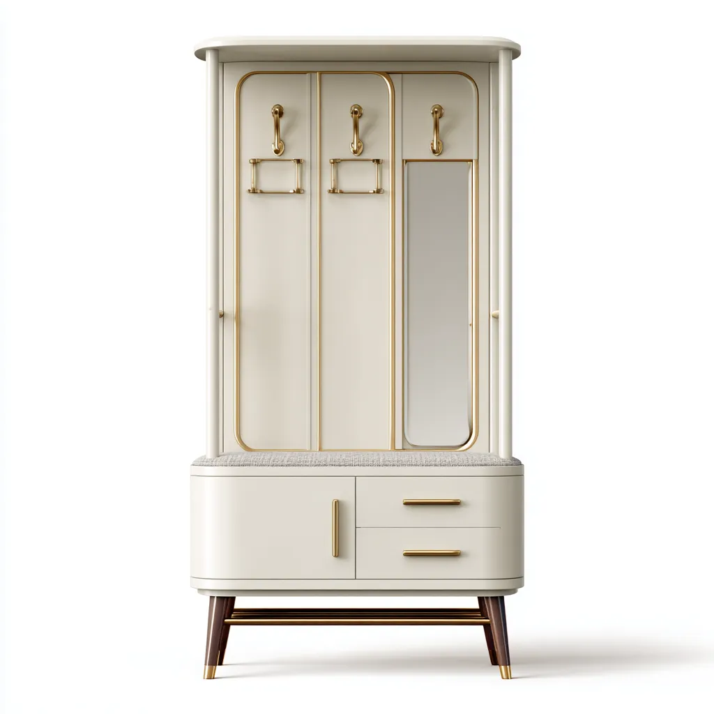 Attaccapanni In Legno 85x40x175 Cm - Avorio-Oro - Design Moderno Con Specchio E Seduta Imbottita-Nichesta