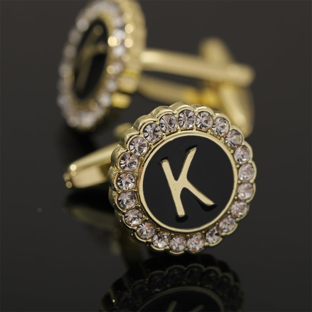 🎁Round Crystal-Embedded Initial Cufflinks with Enamel Finish - Personalized Alphabet Design