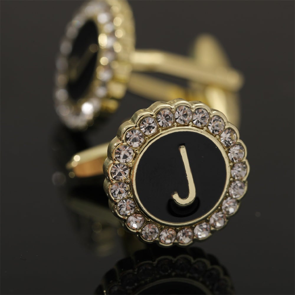 🎁Round Crystal-Embedded Initial Cufflinks with Enamel Finish - Personalized Alphabet Design