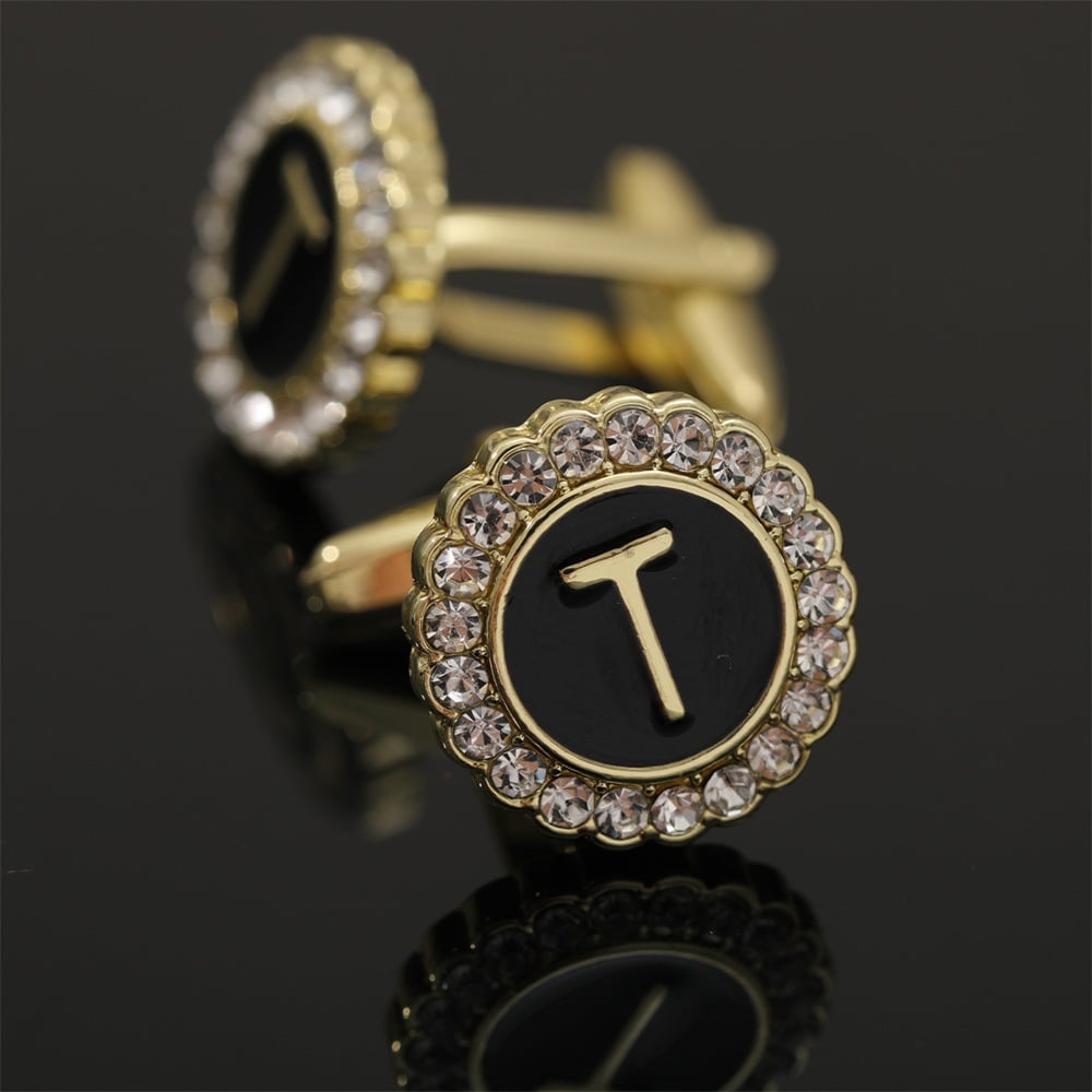 🎁Round Crystal-Embedded Initial Cufflinks with Enamel Finish - Personalized Alphabet Design