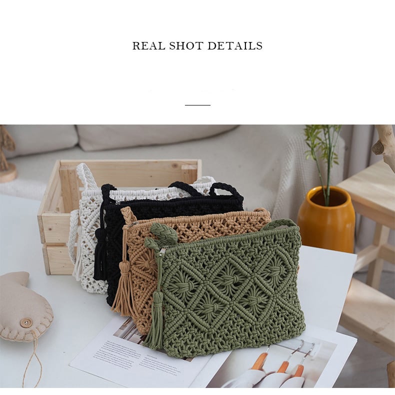 💥Minimalist Tassel Women's Clutch – Retro Cotton Rope Woven Bag, Summer Vacation Boho Beach Purse