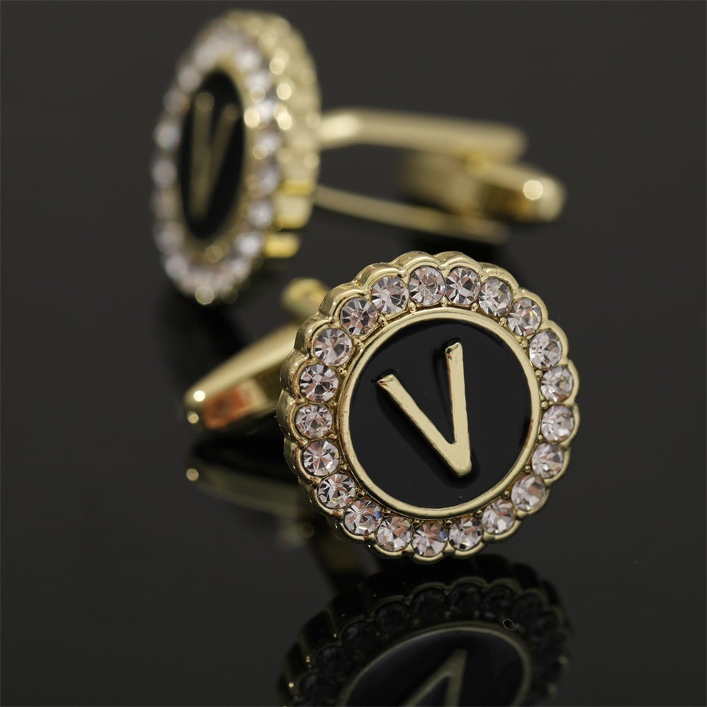 🎁Round Crystal-Embedded Initial Cufflinks with Enamel Finish - Personalized Alphabet Design