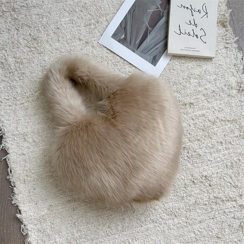 Heart Shaped Furry Purse for Women Large Soft Shoulder Bag