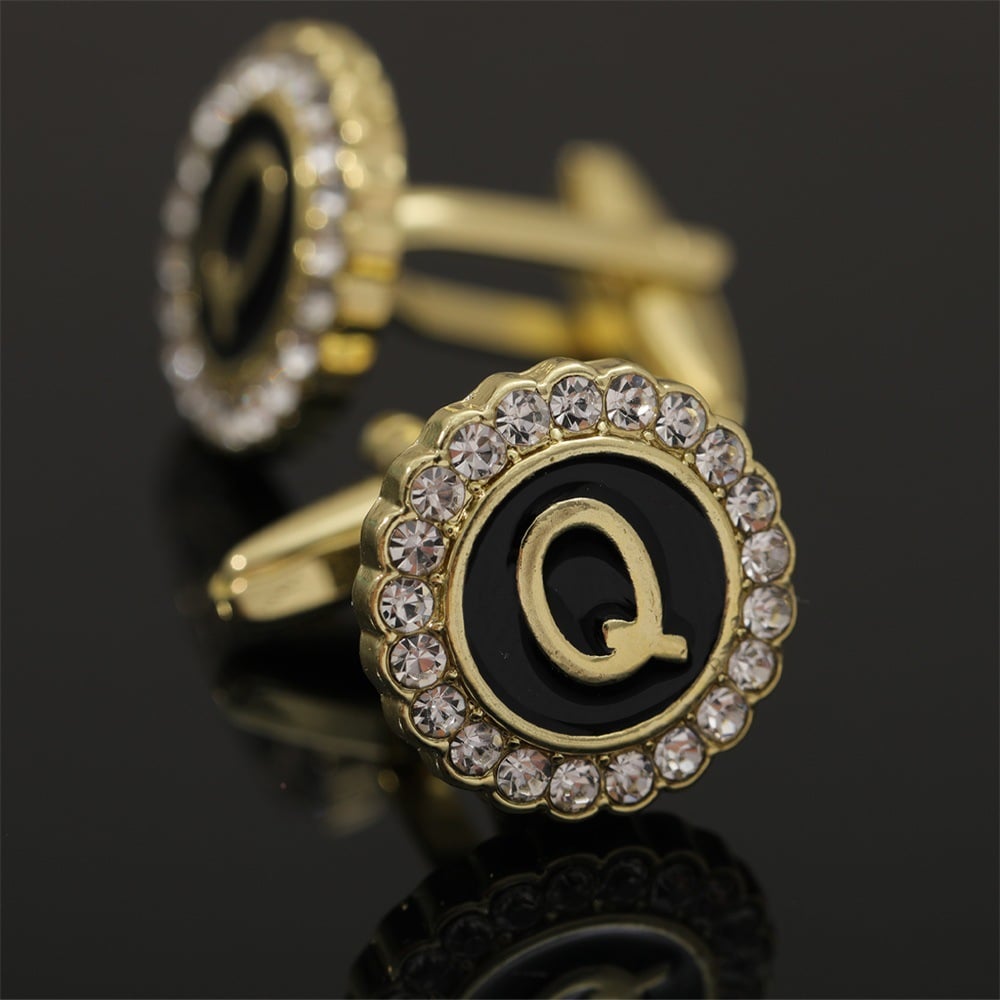 🎁Round Crystal-Embedded Initial Cufflinks with Enamel Finish - Personalized Alphabet Design