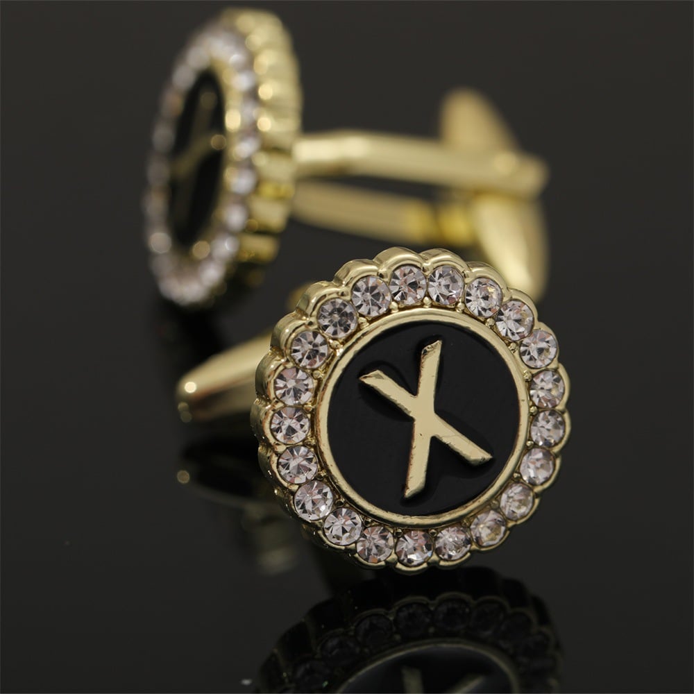 🎁Round Crystal-Embedded Initial Cufflinks with Enamel Finish - Personalized Alphabet Design