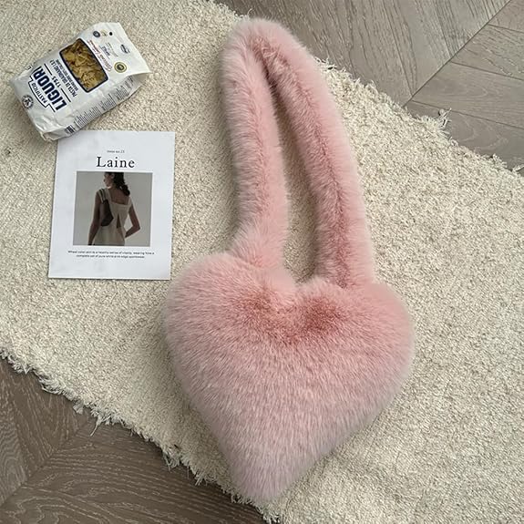 Heart Shaped Furry Purse for Women Large Soft Shoulder Bag