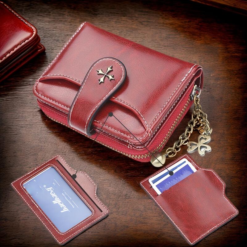 Mini ladies' compact double fold wallet with detachable ID window