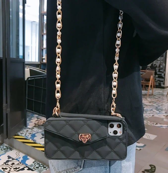 Handbag phone Case with Soft Silicone Chain for Women with Handstrap & Long Pearl Crossbody Chain