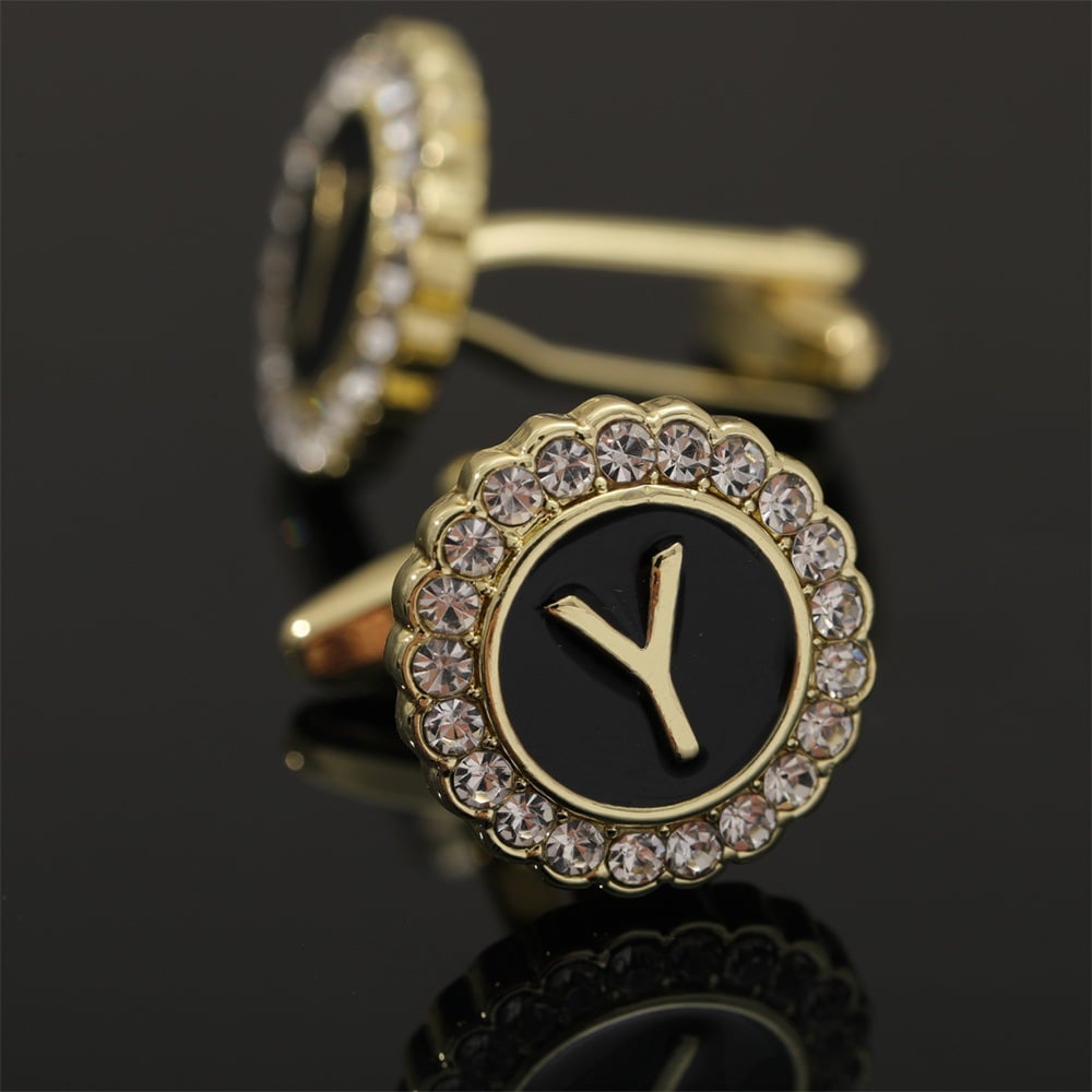 🎁Round Crystal-Embedded Initial Cufflinks with Enamel Finish - Personalized Alphabet Design