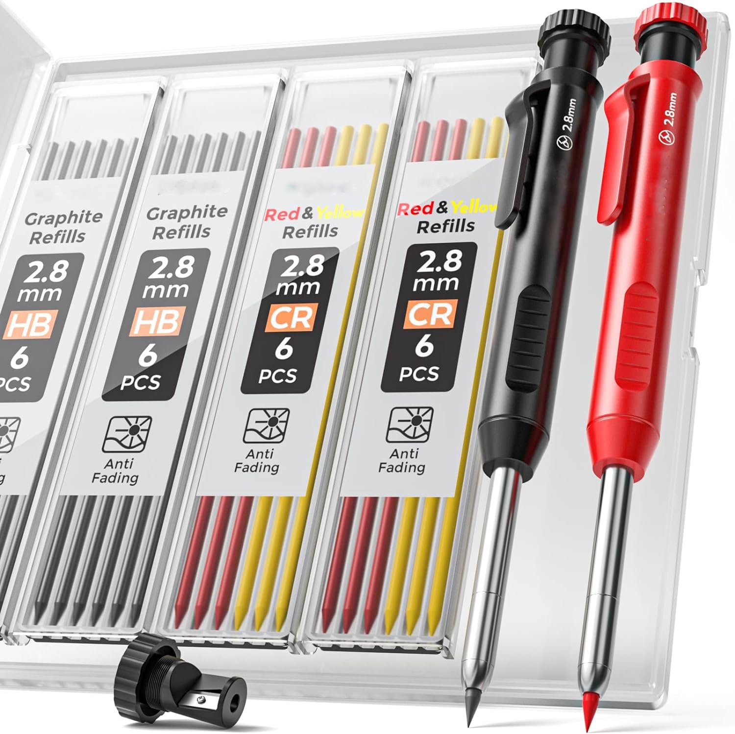 Carpenter Pencil with Sharpener, Mechanical Pencils Set with 24 Refills, Deep Hole Marker for Construction, Heavy Duty Woodworking Pencils for Architect