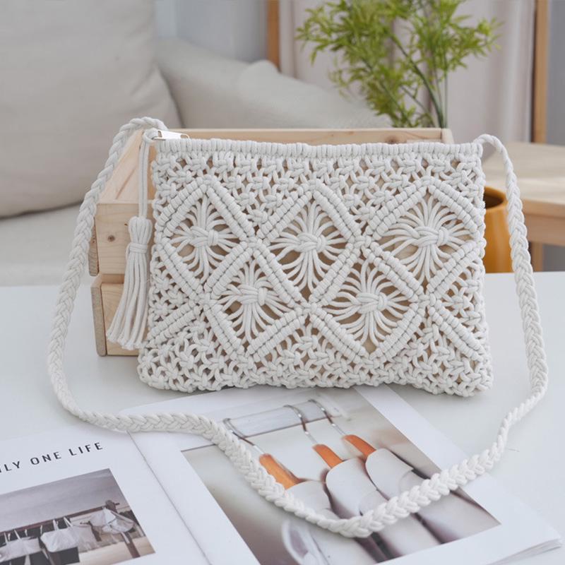 💥Minimalist Tassel Women's Clutch – Retro Cotton Rope Woven Bag, Summer Vacation Boho Beach Purse