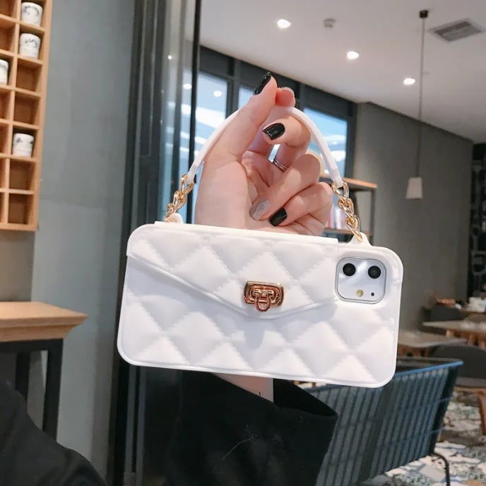 Handbag phone Case with Soft Silicone Chain for Women with Handstrap & Long Pearl Crossbody Chain