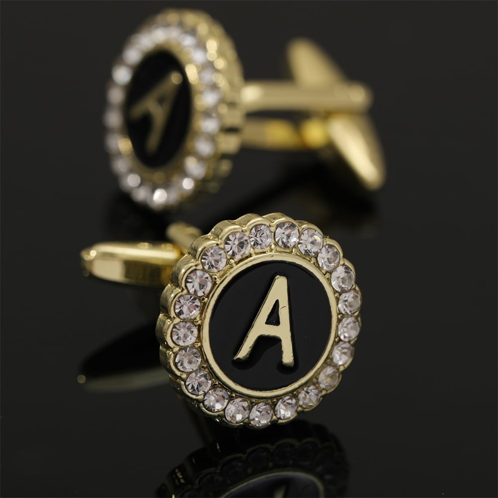 🎁Round Crystal-Embedded Initial Cufflinks with Enamel Finish - Personalized Alphabet Design