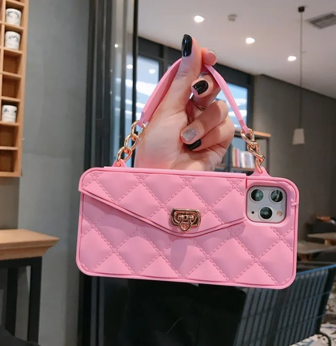 Handbag phone Case with Soft Silicone Chain for Women with Handstrap & Long Pearl Crossbody Chain