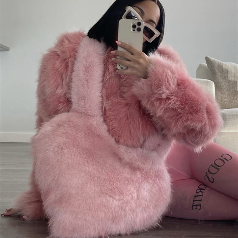 Heart Shaped Furry Purse for Women Large Soft Shoulder Bag