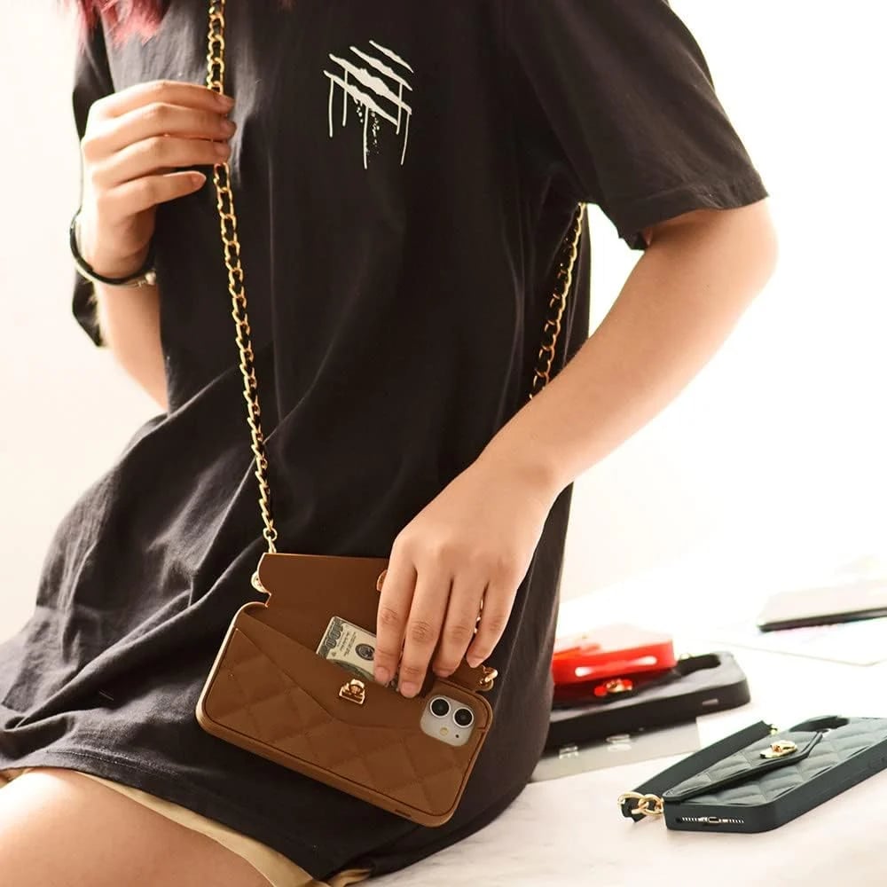 Handbag phone Case with Soft Silicone Chain for Women with Handstrap & Long Pearl Crossbody Chain