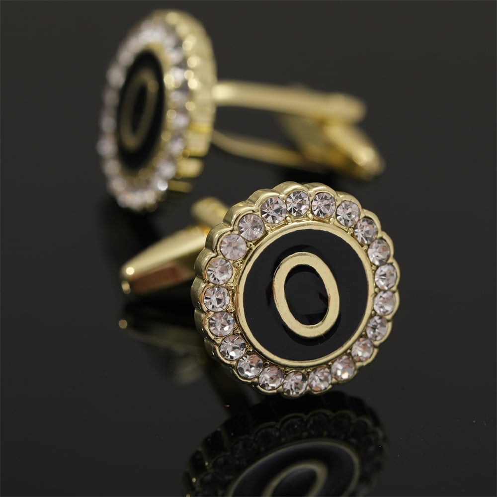 🎁Round Crystal-Embedded Initial Cufflinks with Enamel Finish - Personalized Alphabet Design