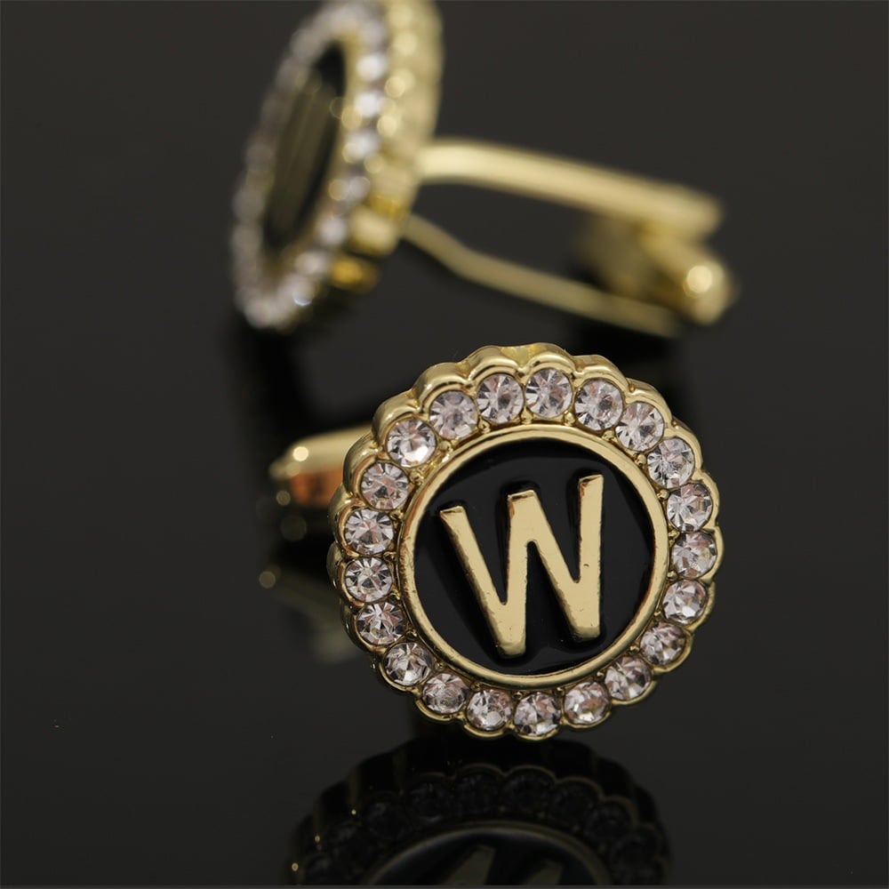 🎁Round Crystal-Embedded Initial Cufflinks with Enamel Finish - Personalized Alphabet Design