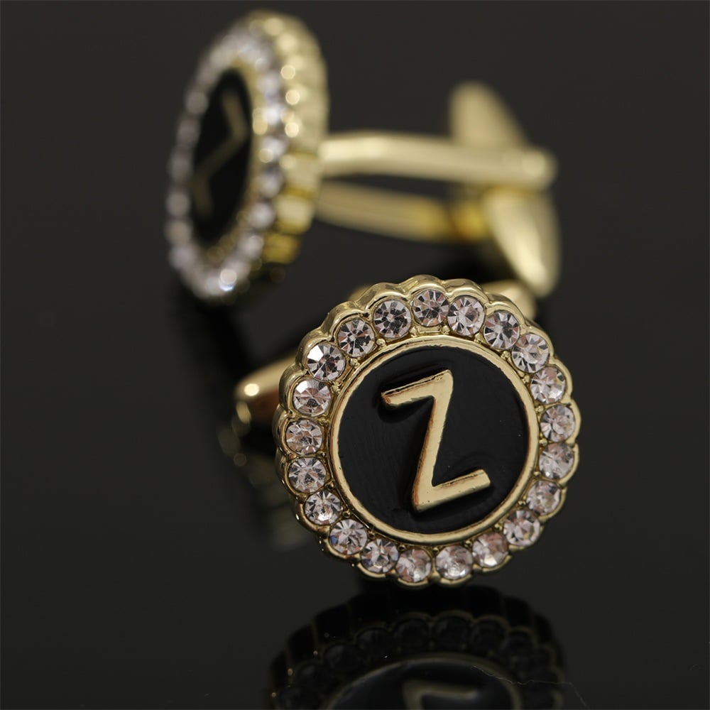 🎁Round Crystal-Embedded Initial Cufflinks with Enamel Finish - Personalized Alphabet Design