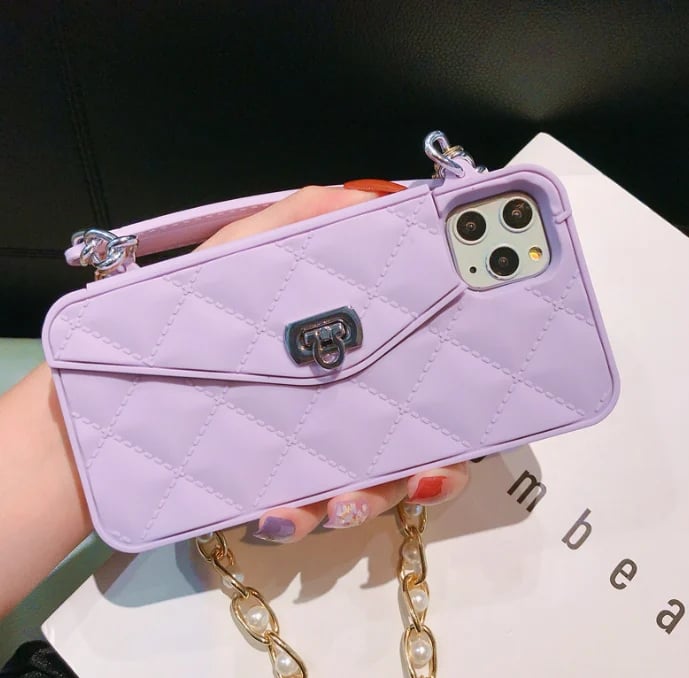 Handbag phone Case with Soft Silicone Chain for Women with Handstrap & Long Pearl Crossbody Chain