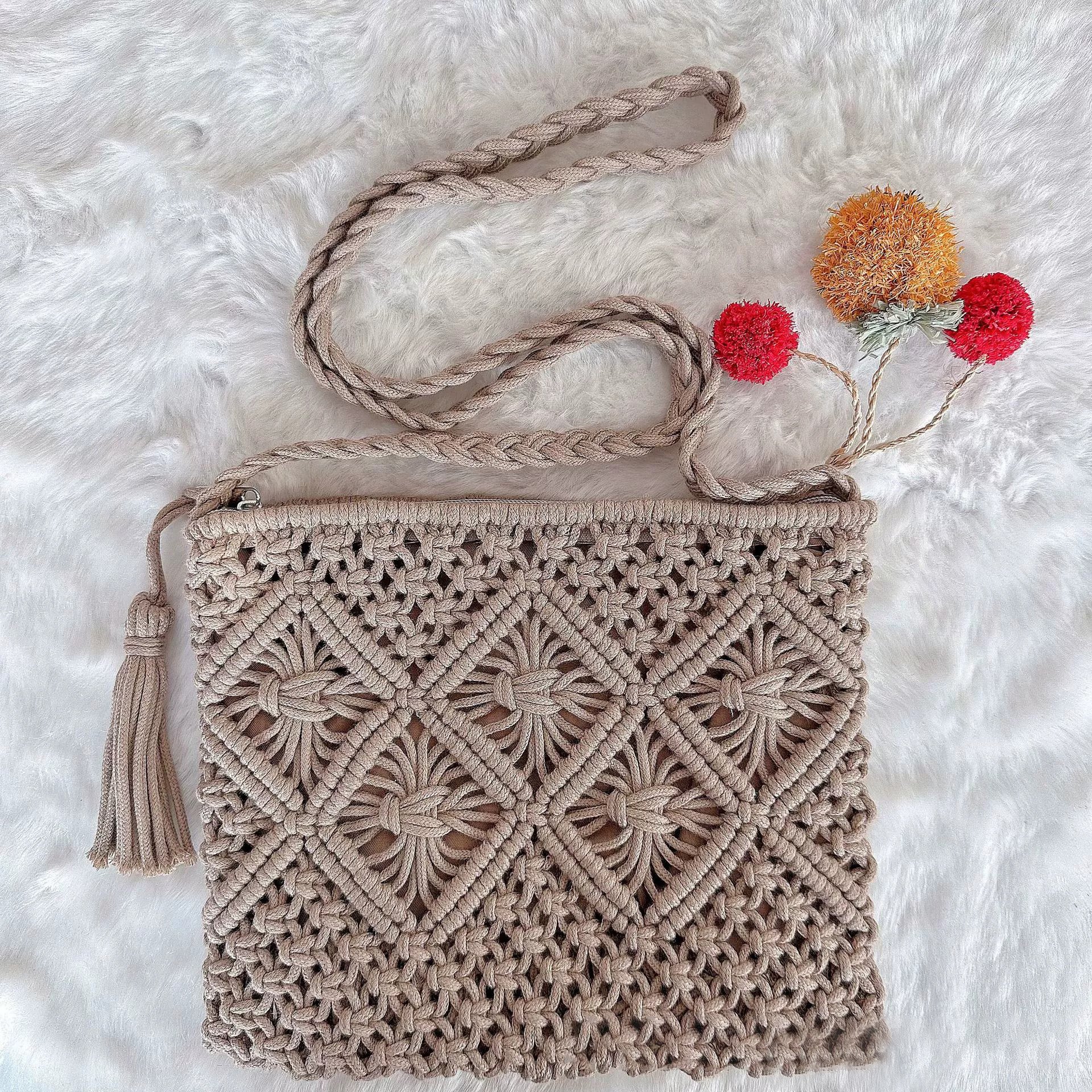 💥Minimalist Tassel Women's Clutch – Retro Cotton Rope Woven Bag, Summer Vacation Boho Beach Purse