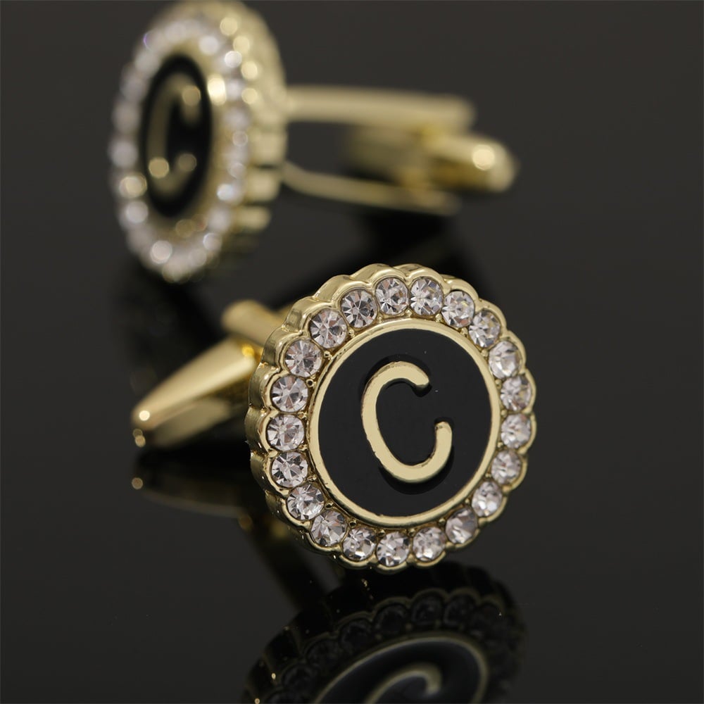 🎁Round Crystal-Embedded Initial Cufflinks with Enamel Finish - Personalized Alphabet Design