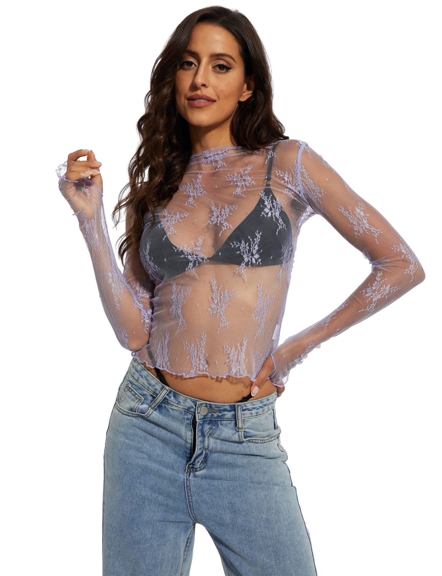 Women's Floral Lace Thumb Hole Sheer Tee
