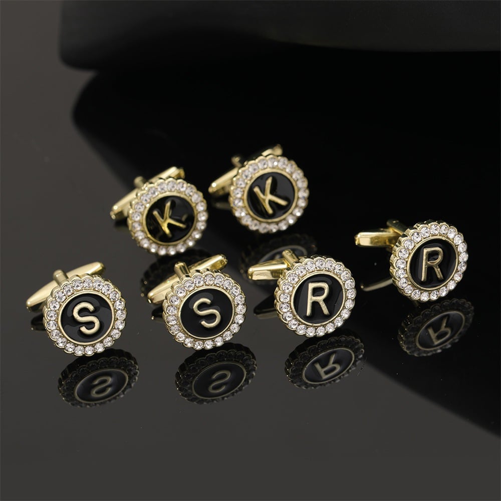 🎁Round Crystal-Embedded Initial Cufflinks with Enamel Finish - Personalized Alphabet Design