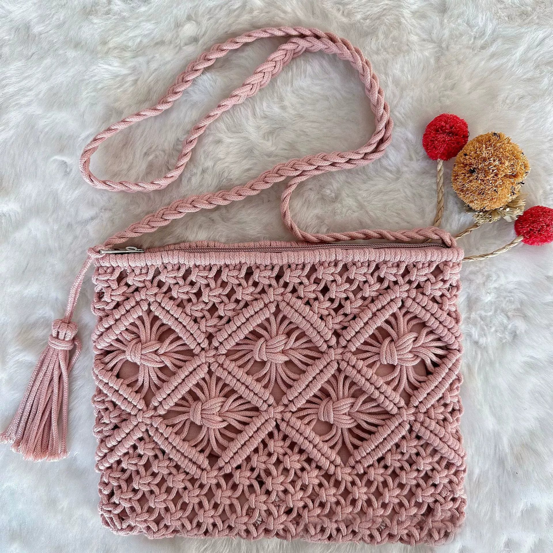 💥Minimalist Tassel Women's Clutch – Retro Cotton Rope Woven Bag, Summer Vacation Boho Beach Purse