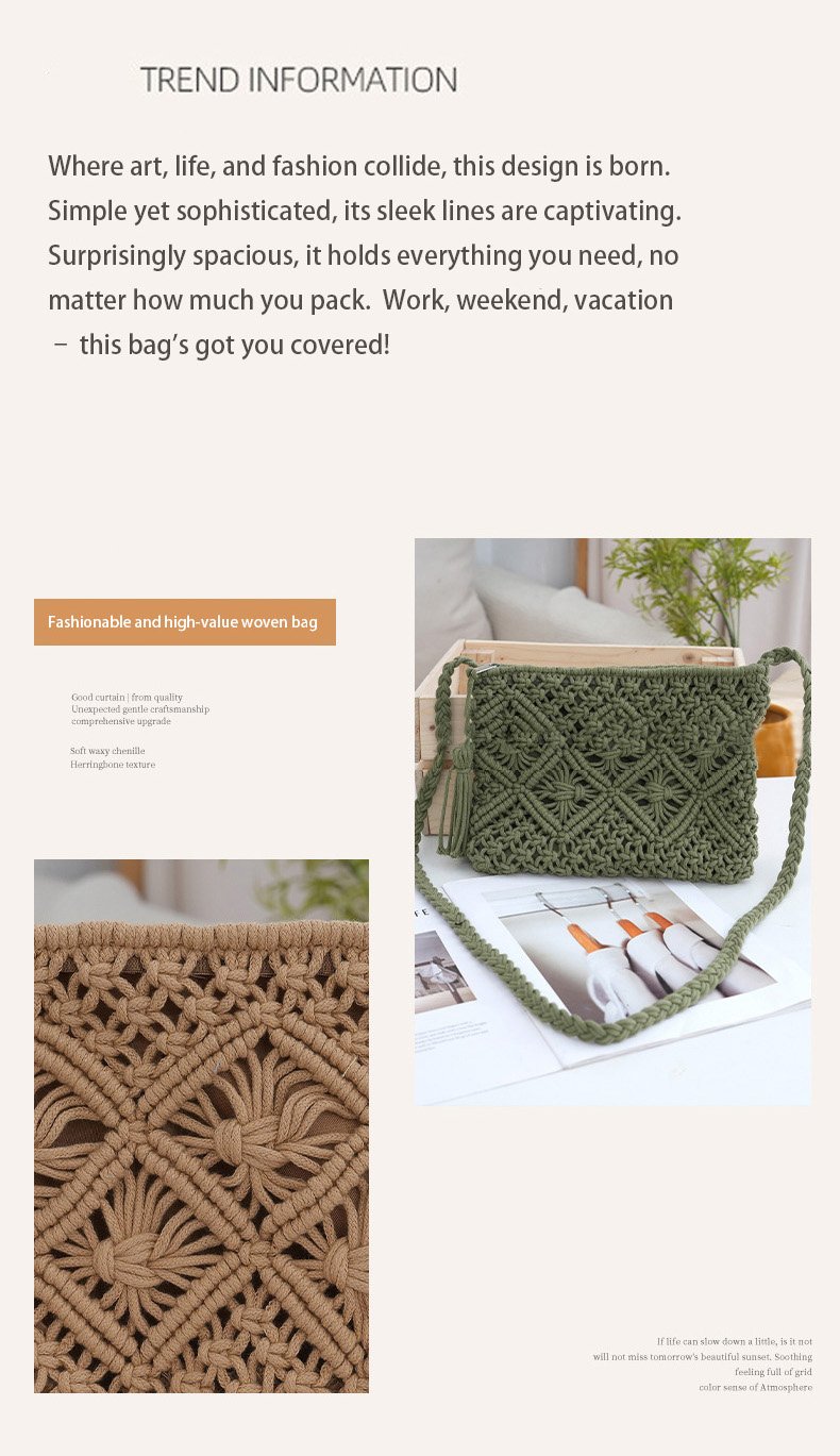 💥Minimalist Tassel Women's Clutch – Retro Cotton Rope Woven Bag, Summer Vacation Boho Beach Purse