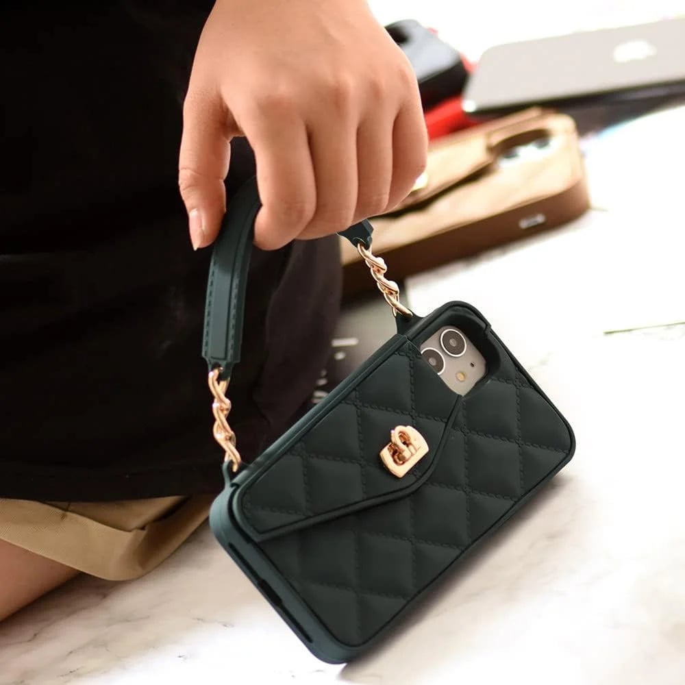 Handbag phone Case with Soft Silicone Chain for Women with Handstrap & Long Pearl Crossbody Chain