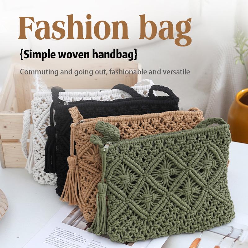 💥Minimalist Tassel Women's Clutch – Retro Cotton Rope Woven Bag, Summer Vacation Boho Beach Purse