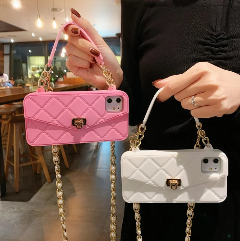 Handbag phone Case with Soft Silicone Chain for Women with Handstrap & Long Pearl Crossbody Chain