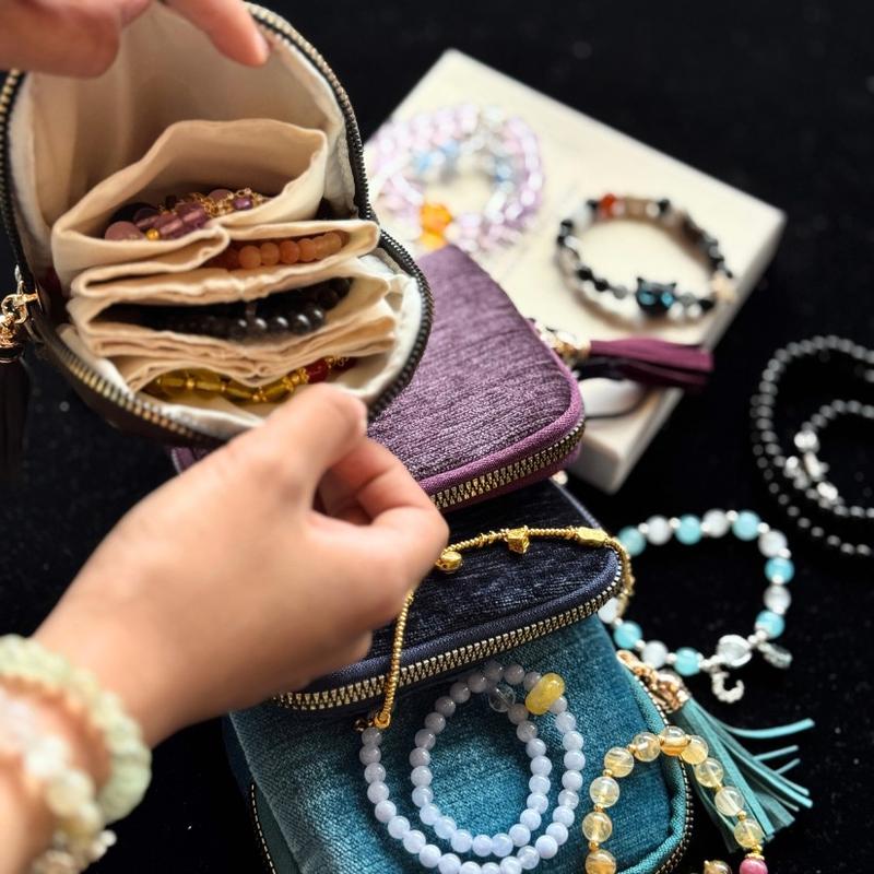 2025 New Travel Jewelry Case &ndash; Portable Organizer for Rings, Bracelets, & Bangles with Tassel Zipper, Elegant Jewelry Roll for Journey, Crystal Jewelry Storage Pouch, Mini, Navy Blue