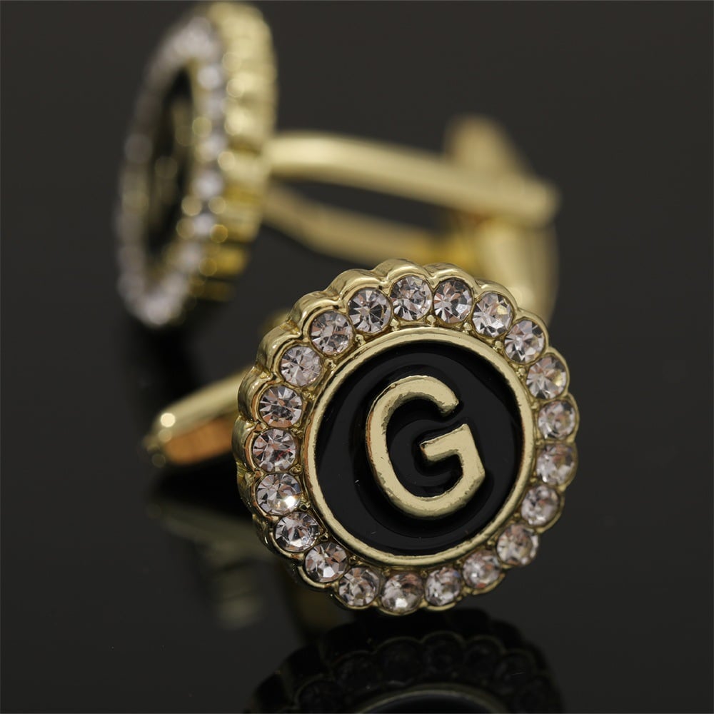 🎁Round Crystal-Embedded Initial Cufflinks with Enamel Finish - Personalized Alphabet Design