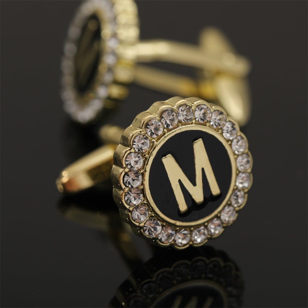 🎁Round Crystal-Embedded Initial Cufflinks with Enamel Finish - Personalized Alphabet Design