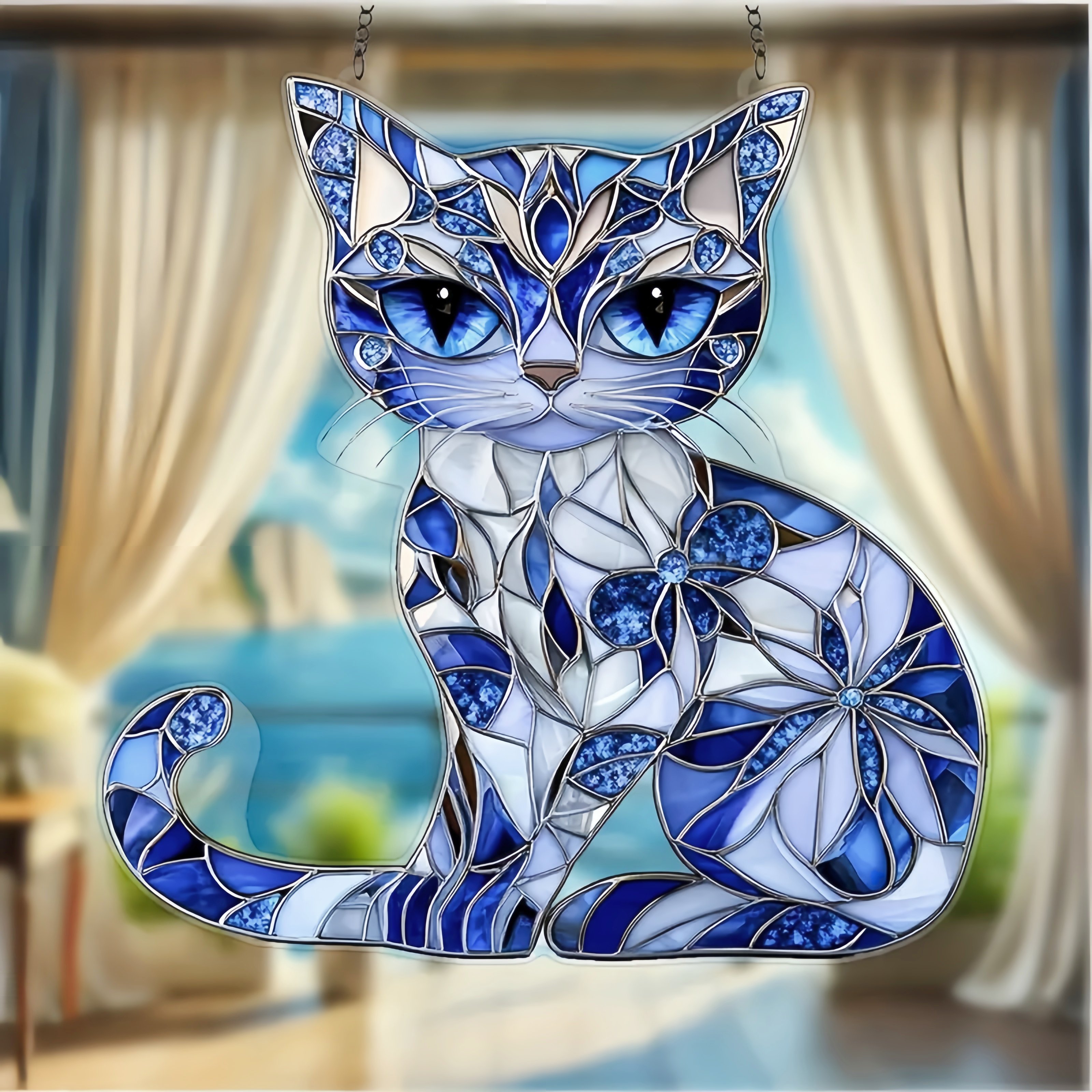 Blue & White Cat Suncatcher Ornament🐱