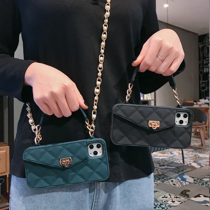 Handbag phone Case with Soft Silicone Chain for Women with Handstrap & Long Pearl Crossbody Chain