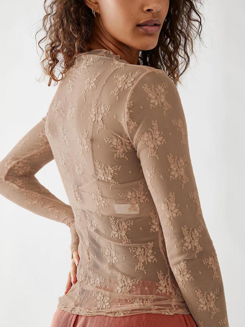 Women's Floral Lace Thumb Hole Sheer Tee