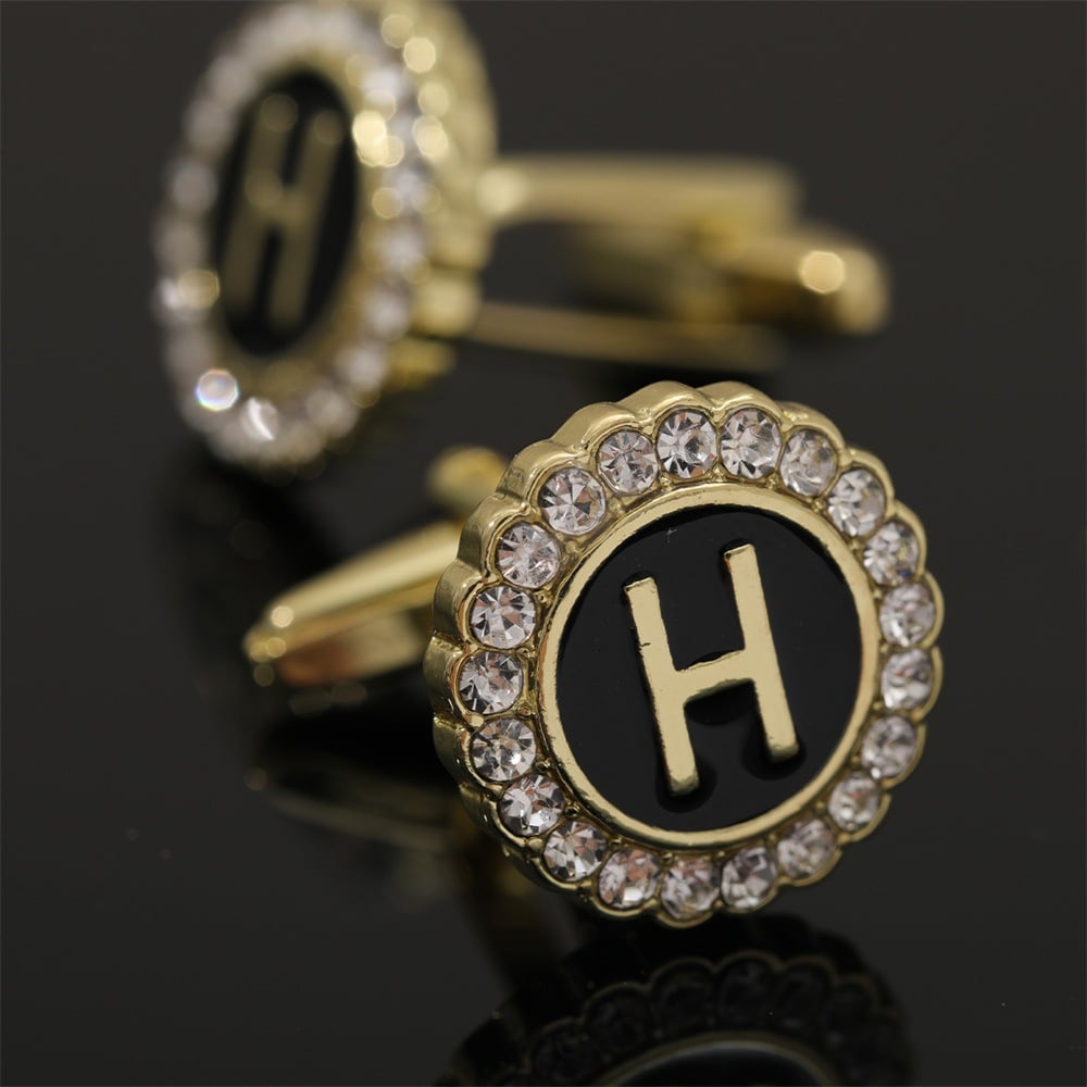 🎁Round Crystal-Embedded Initial Cufflinks with Enamel Finish - Personalized Alphabet Design