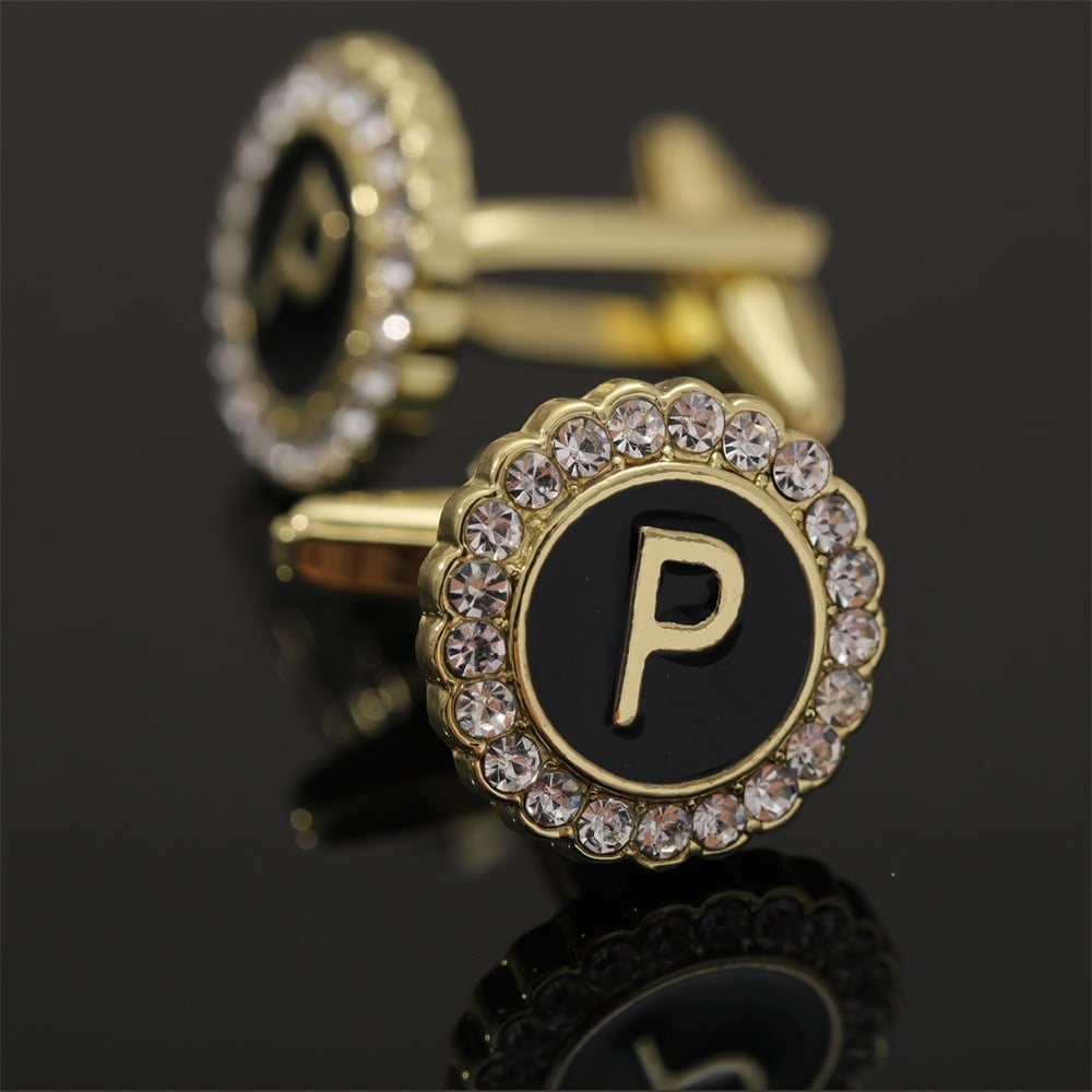 🎁Round Crystal-Embedded Initial Cufflinks with Enamel Finish - Personalized Alphabet Design