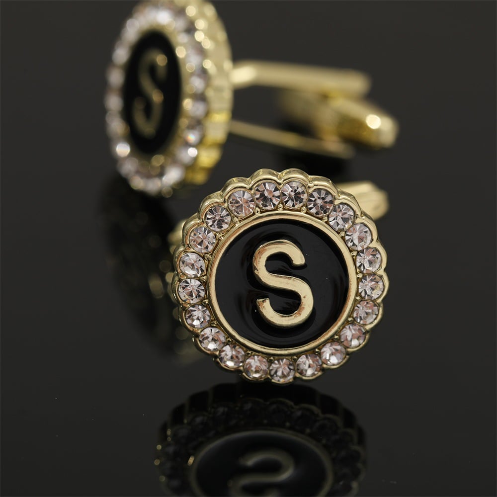 🎁Round Crystal-Embedded Initial Cufflinks with Enamel Finish - Personalized Alphabet Design