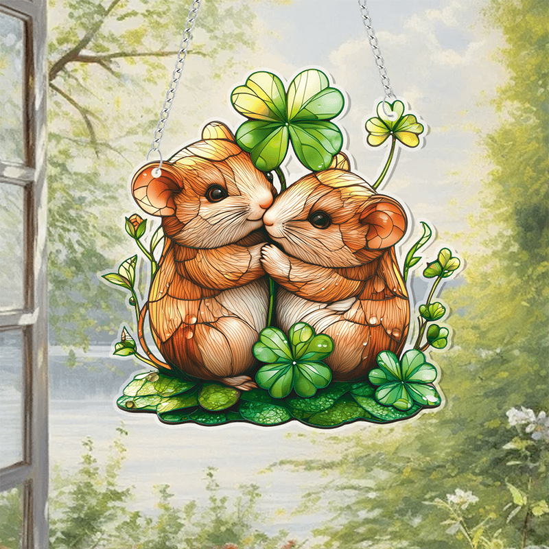 🍀🐹Lucky Clover Hamster Stained Art Ornament (8 inches)
