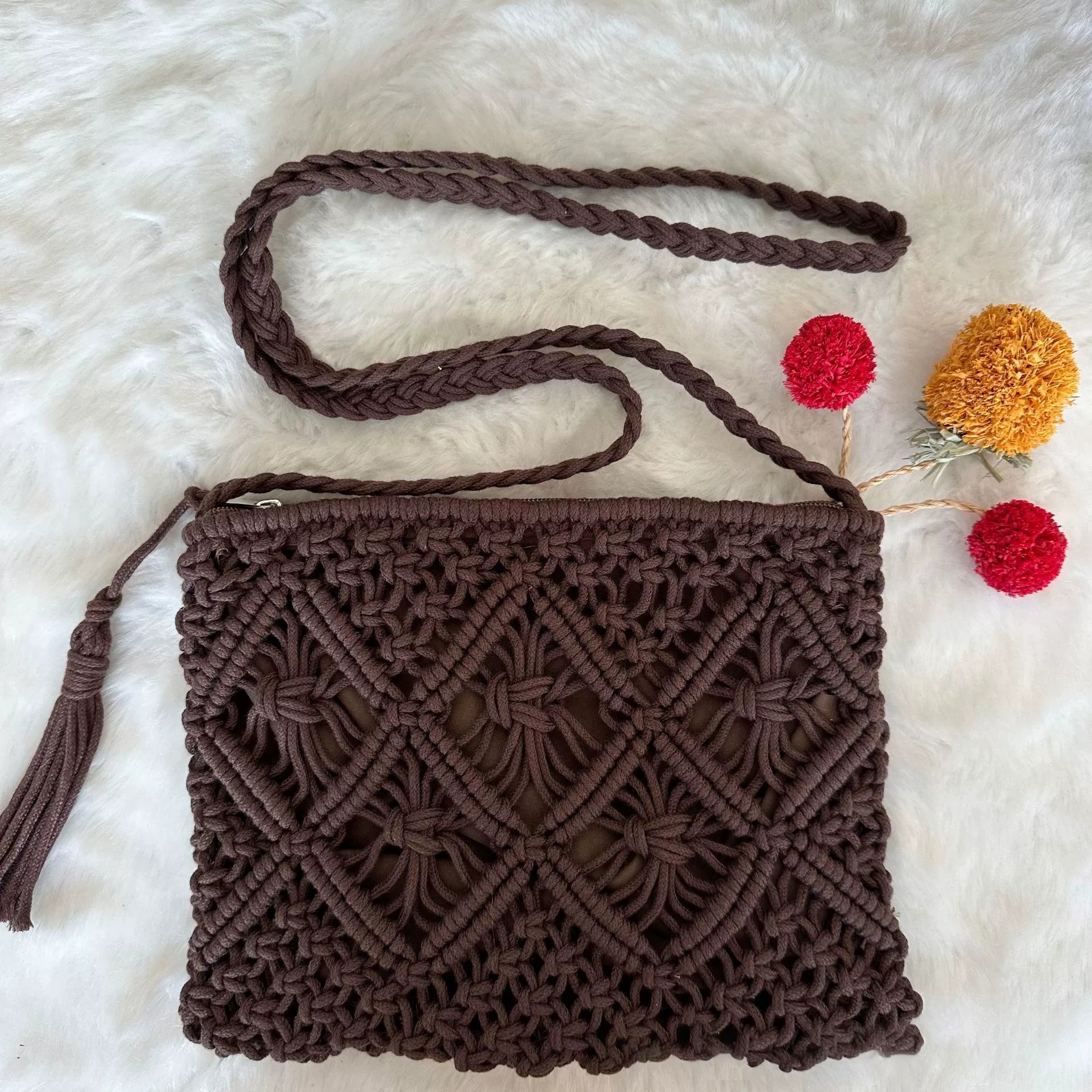 💥Minimalist Tassel Women's Clutch – Retro Cotton Rope Woven Bag, Summer Vacation Boho Beach Purse